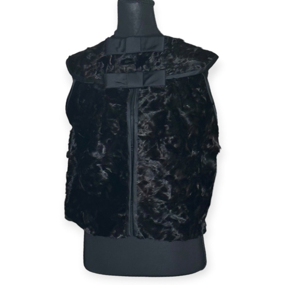 Hessel Furs New York Vintage Black Lamb Fur Cropped Vest Satin Bows 60s